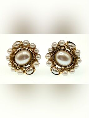 Vintage Monet Faux Pearl Clip On Earrings Gold Tone Statement Earrings